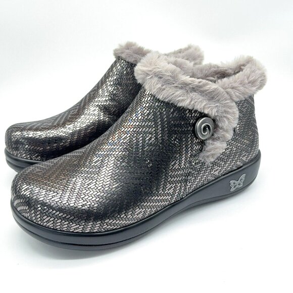 Alegria Leather Ankle Boots Meri Faux Fur Water Resistant Pewter Dazzler US 9 - Picture 3 of 10